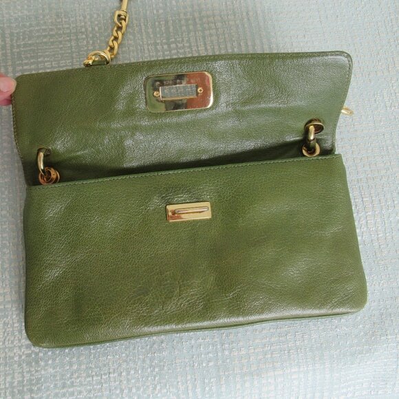 Michael Kors Genuine Leather Rectangular Medium Sz Shoulder Bag Green Gold *Flaw - Picture 7 of 15